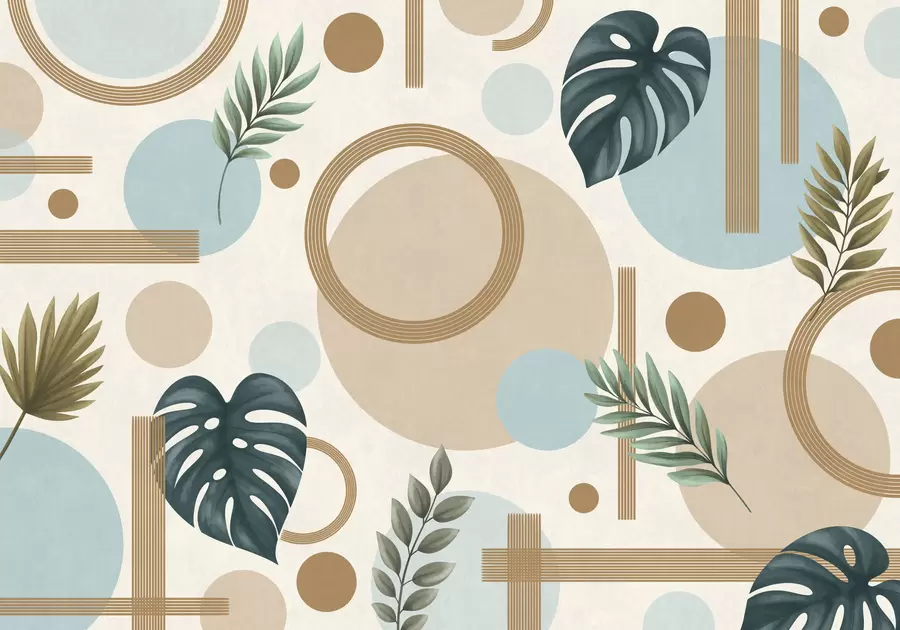 wall murals Geometric pattern with leaves and circles in calm tones w05018