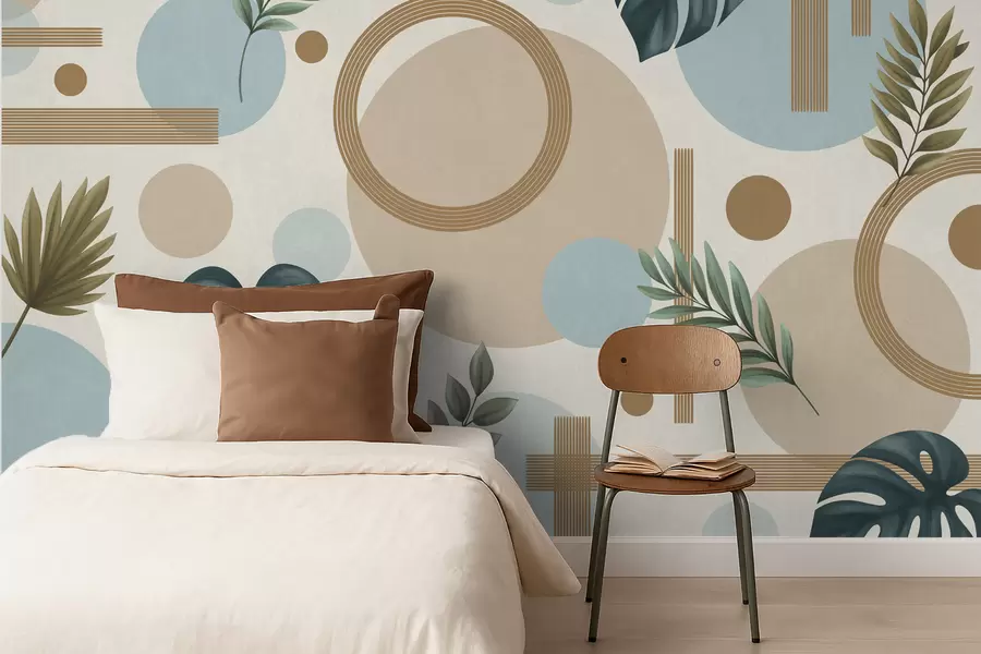 wall murals Geometric pattern with leaves and circles in calm tones w05018