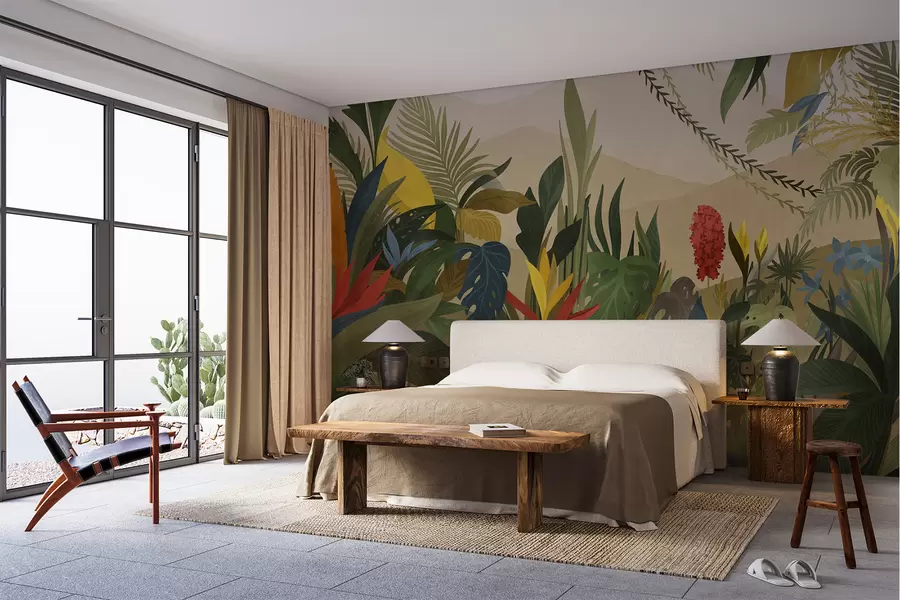 wall murals Tropical foliage with large leaves and flowers w05019