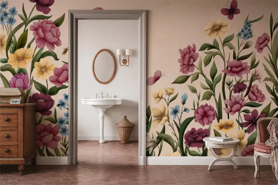 wall murals Floral composition with plants and butterflies on light background w05072