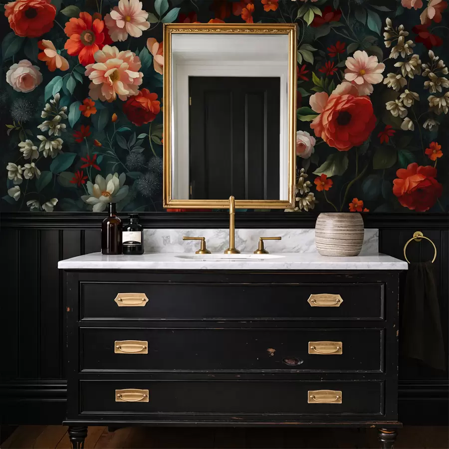 wall murals Dark floral pattern with lush garden flowers w05087