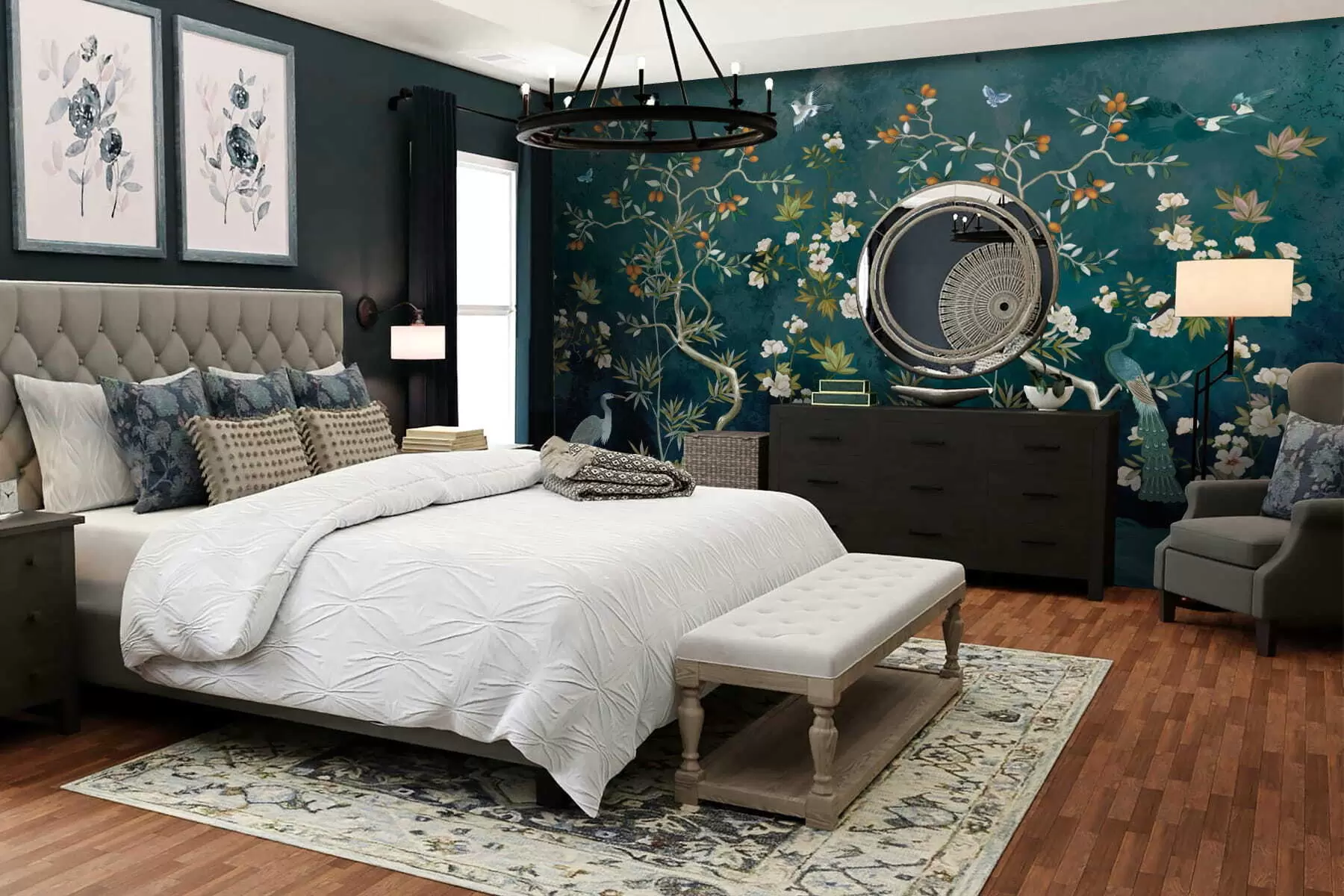 wall murals Decorative scene with trees, flowers and birds on dark background w05004