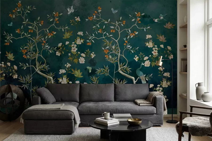 wall murals Decorative scene with trees, flowers and birds on dark background w05004
