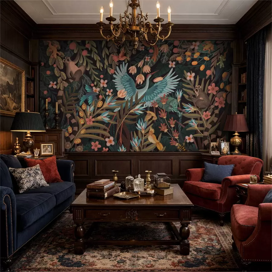 wall murals Fantasy scene with birds and animals among plants w05024