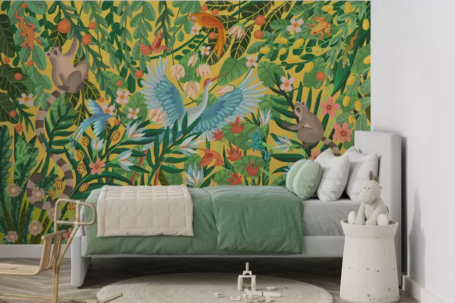 wall murals Bright scene with birds and animals in dense greenery w05024v1