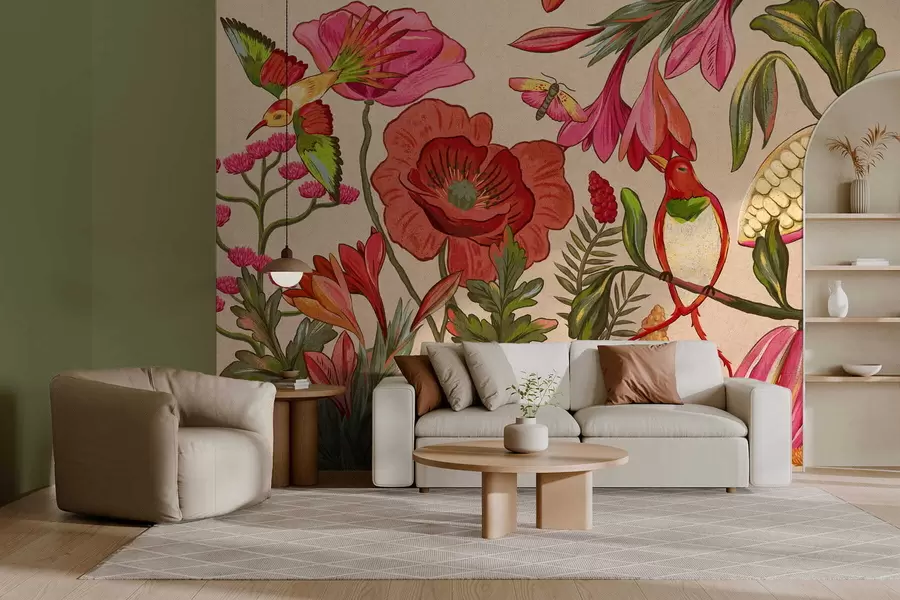 wall murals Decorative flowers and birds on blue background w05036