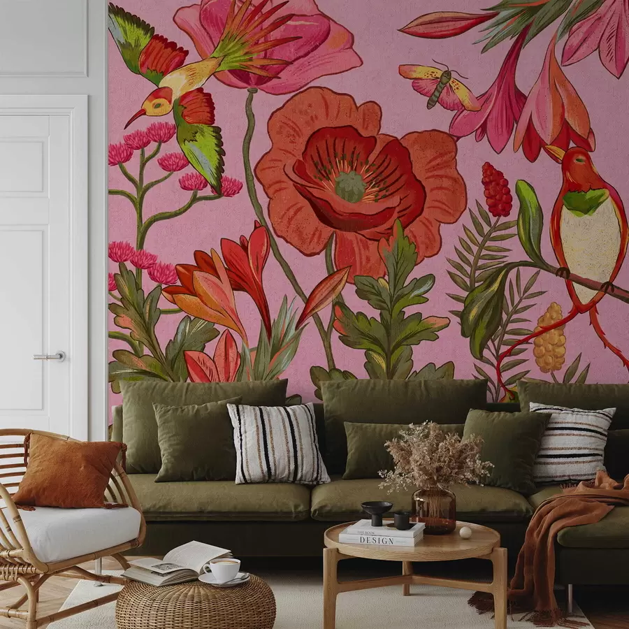 wall murals Decorative flowers and birds on pink background w05036v2