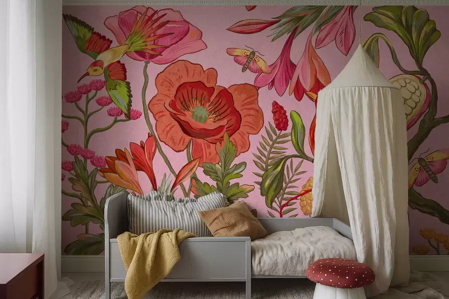wall murals Decorative flowers and birds on pink background w05036v2