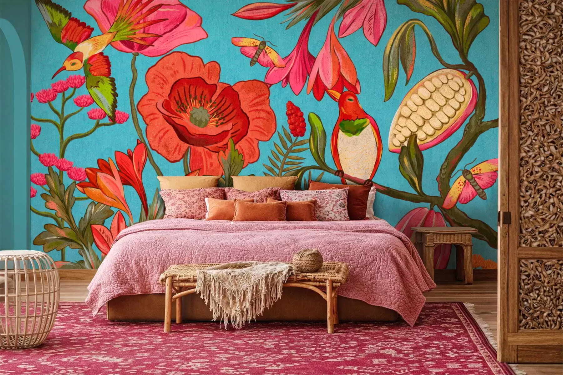 wall murals Decorative flowers and birds on blue background w05036v3