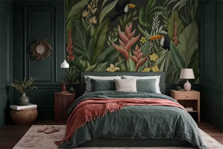 wall murals Tropical plants and large-beaked birds on light background w05088