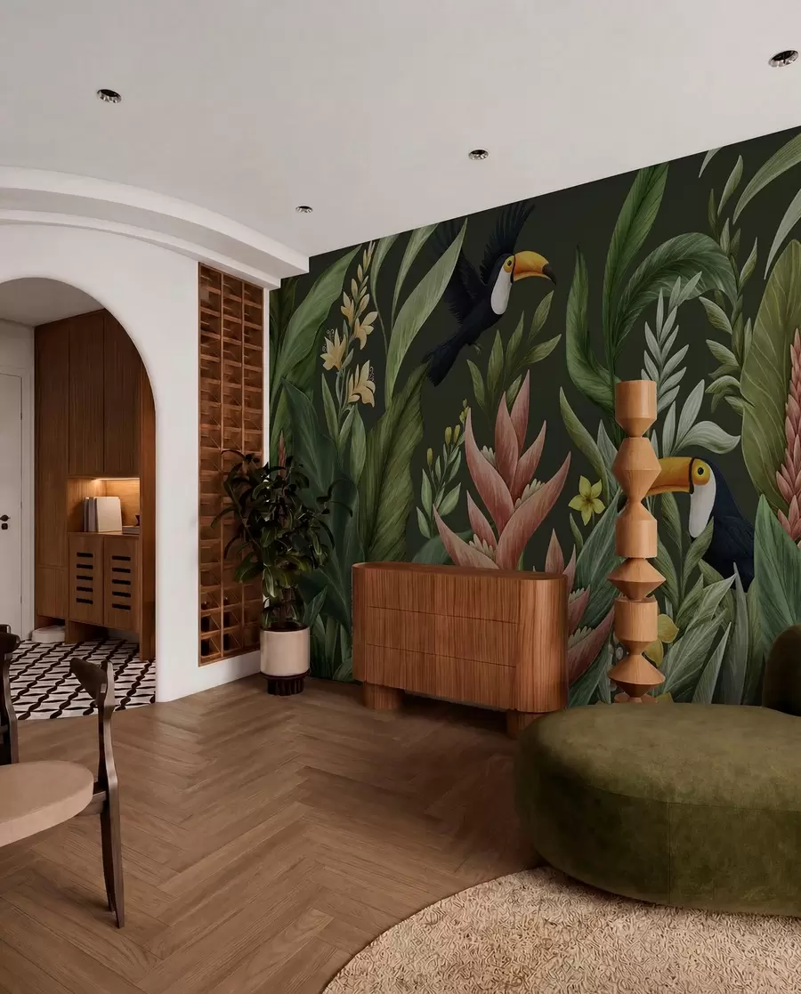wall murals Tropical foliage and large-beaked birds on dark background w05088