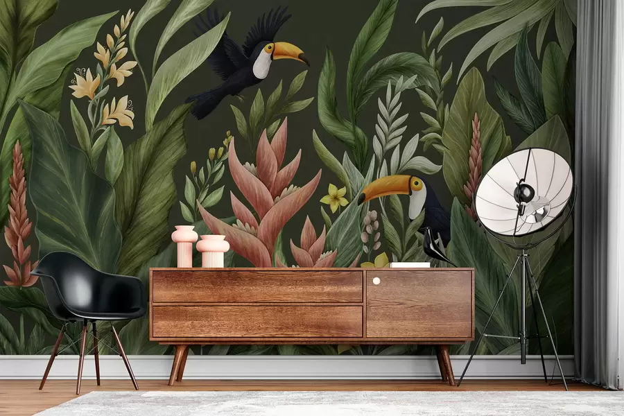 wall murals Tropical foliage and large-beaked birds on dark background w05088