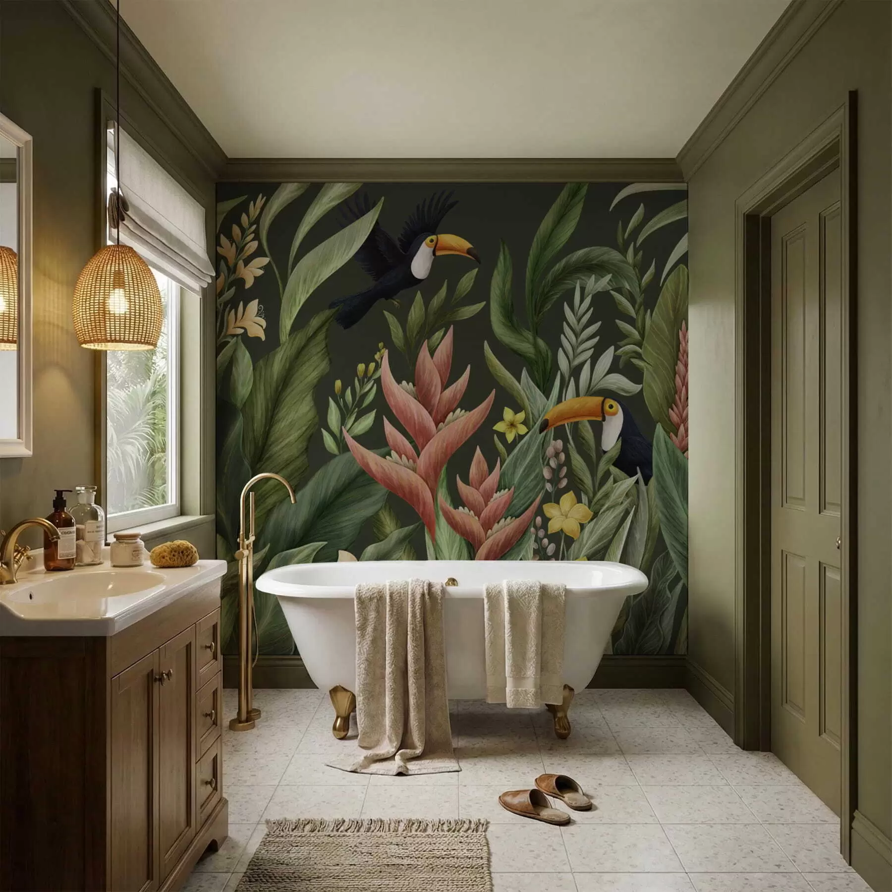 wall murals Tropical plants and large-beaked birds on light background w05088