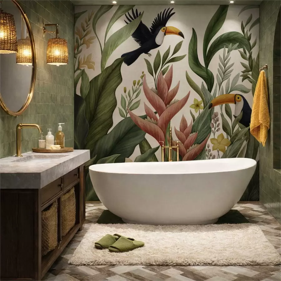 wall murals Tropical plants and large-beaked birds on light background w05088v1