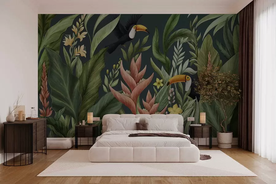 wall murals Tropical plants and large-beaked birds on dark backdrop w05088v2