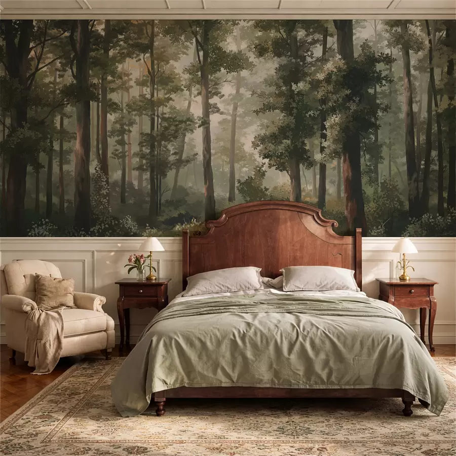 wall murals Forest illustration with mist, tall trees and a path w05089