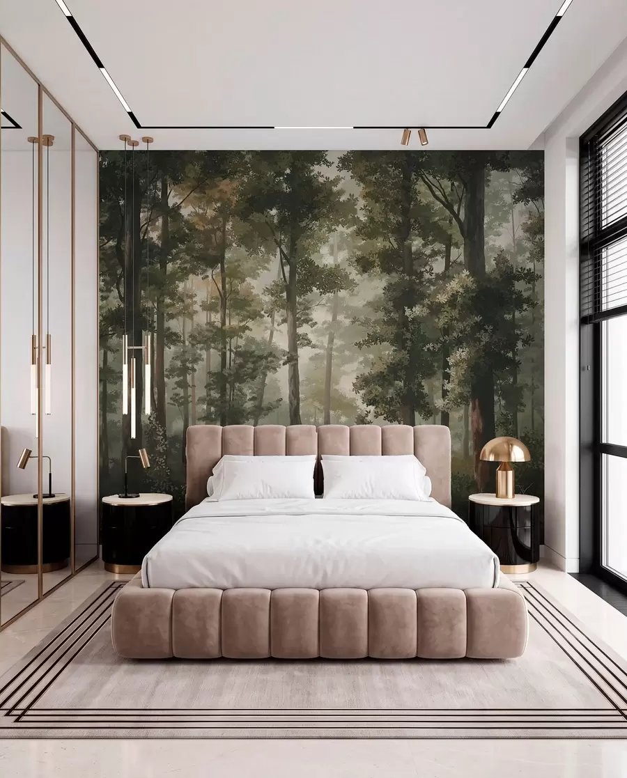 wall murals Forest illustration with mist, tall trees and a path w05089