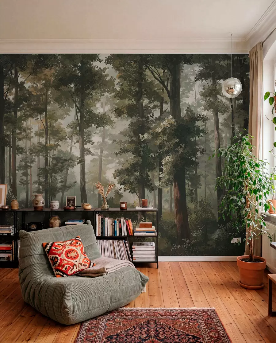 wall murals Forest illustration with mist, tall trees and a path w05089