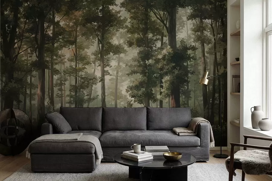 wall murals Forest illustration with mist, tall trees and a path w05089