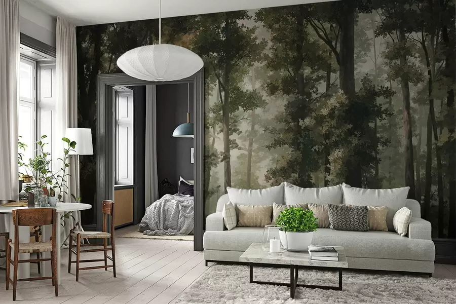 wall murals Forest illustration with mist, tall trees and a path w05089