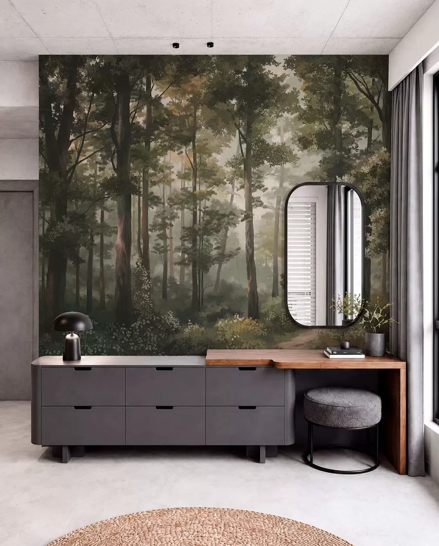 wall murals Forest illustration with mist, tall trees and a path w05089