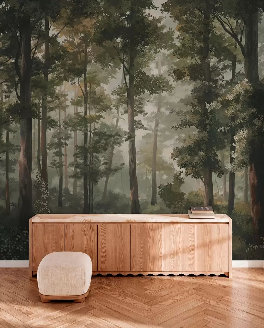 wall murals Forest illustration with mist, tall trees and a path w05089