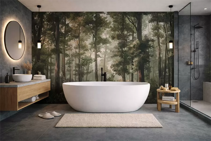 wall murals Forest illustration with mist, tall trees and a path w05089