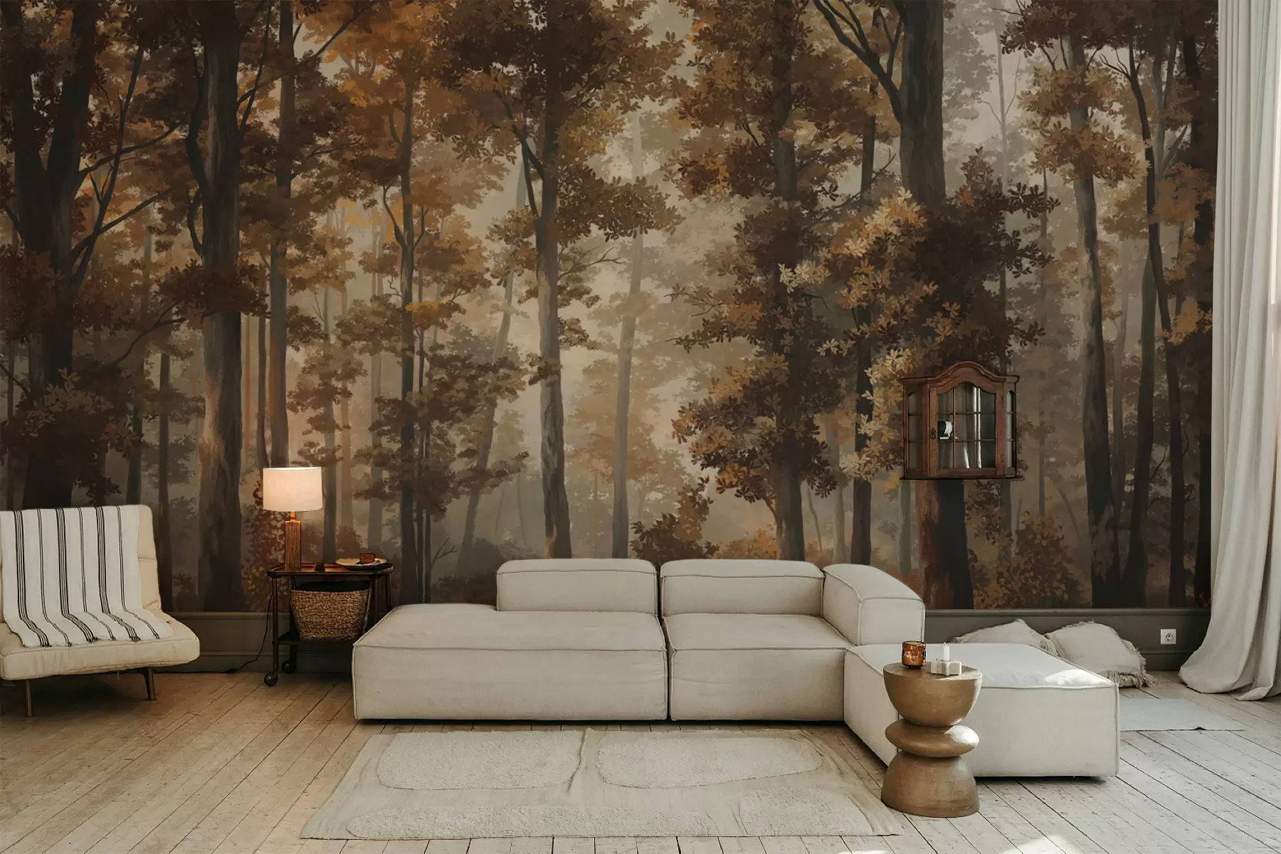 wall murals Autumn forest scene with warm light and dense trees w05089v1