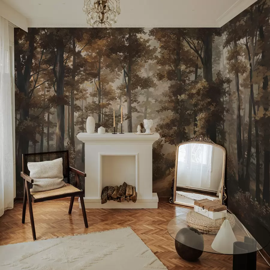 wall murals Autumn forest scene with warm light and dense trees w05089v1