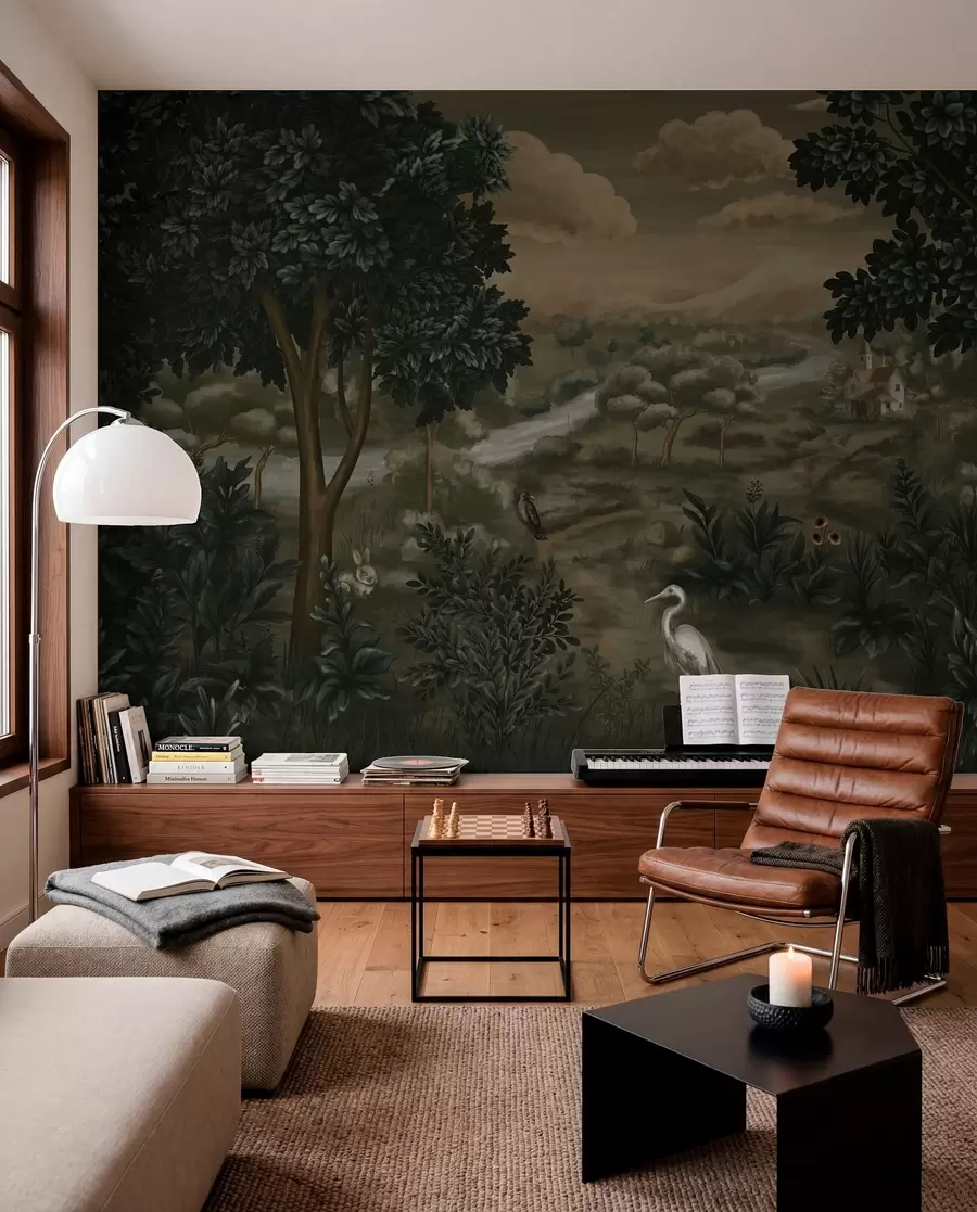 wall murals Fantasy landscape with river, house and birds among trees w05090