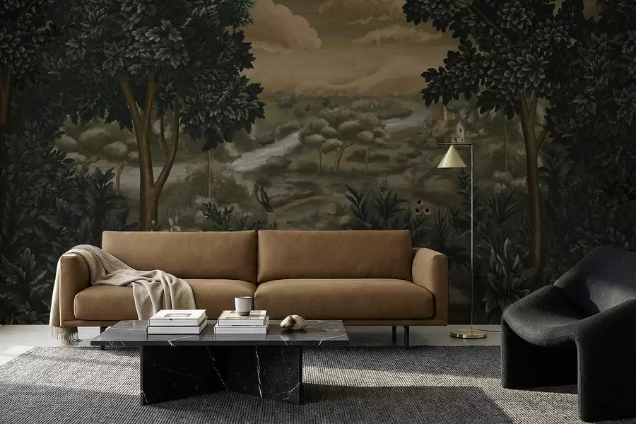 wall murals Fantasy landscape with river, house and birds among trees w05090