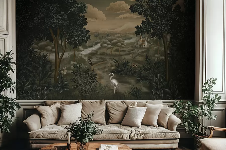wall murals Fantasy landscape with river, house and birds among trees w05090
