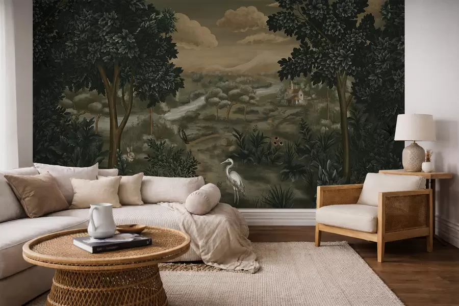 wall murals Fantasy landscape with river, house and birds among trees w05090