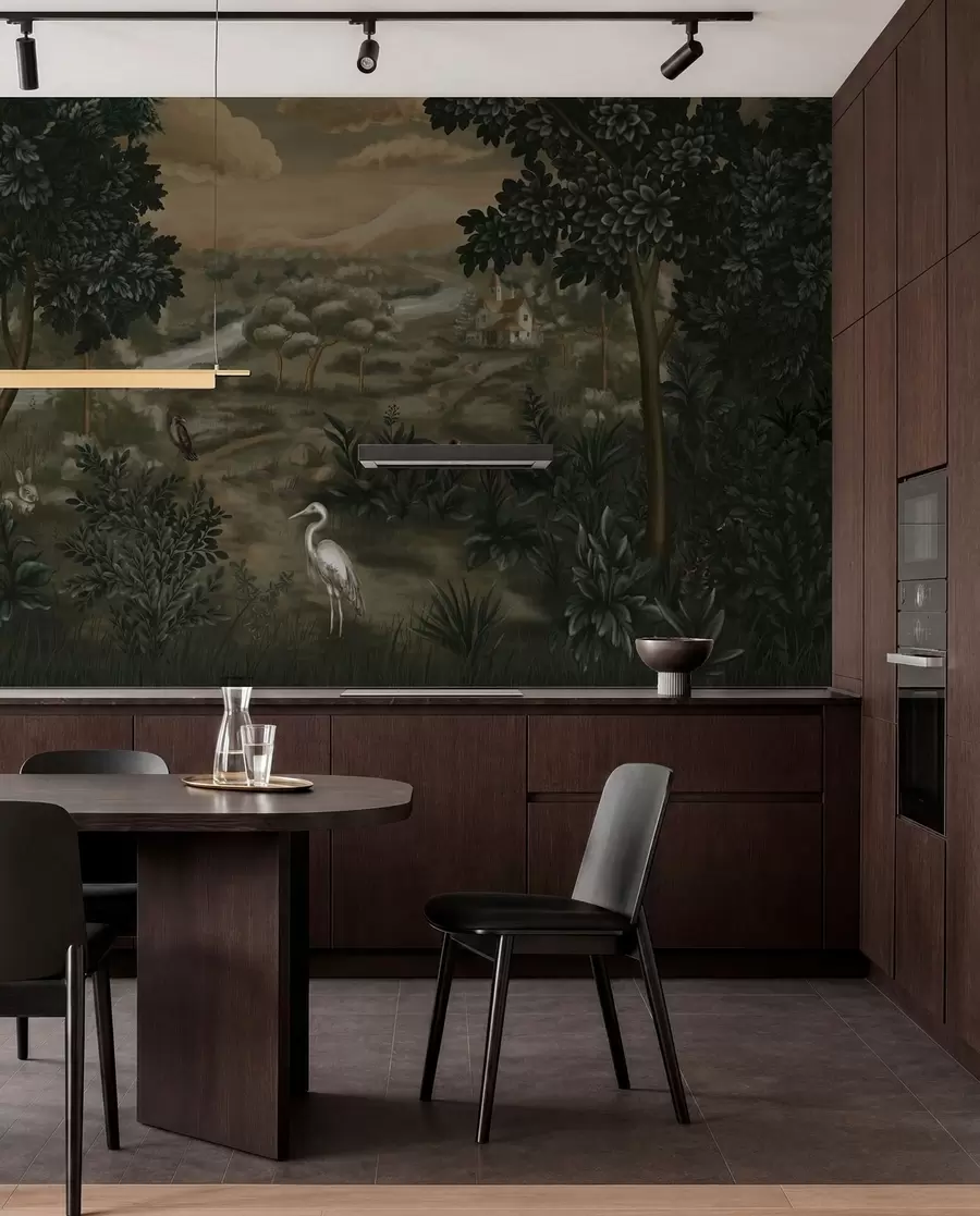 wall murals Fantasy landscape with river, house and birds among trees w05090