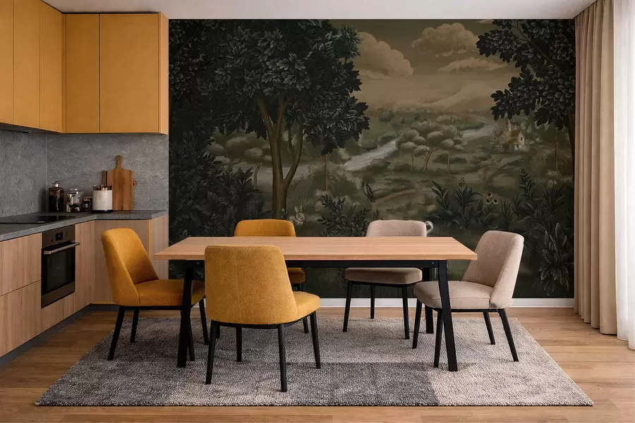 wall murals Fantasy landscape with river, house and birds among trees w05090