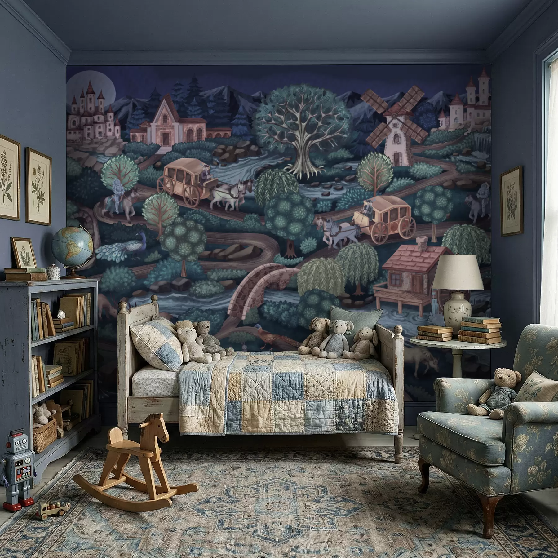 wall murals Night fairy scene with castles, mills and forest w05091
