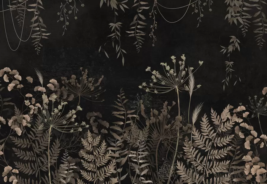 wall murals Dark botanical pattern with flowers and leaves w05092