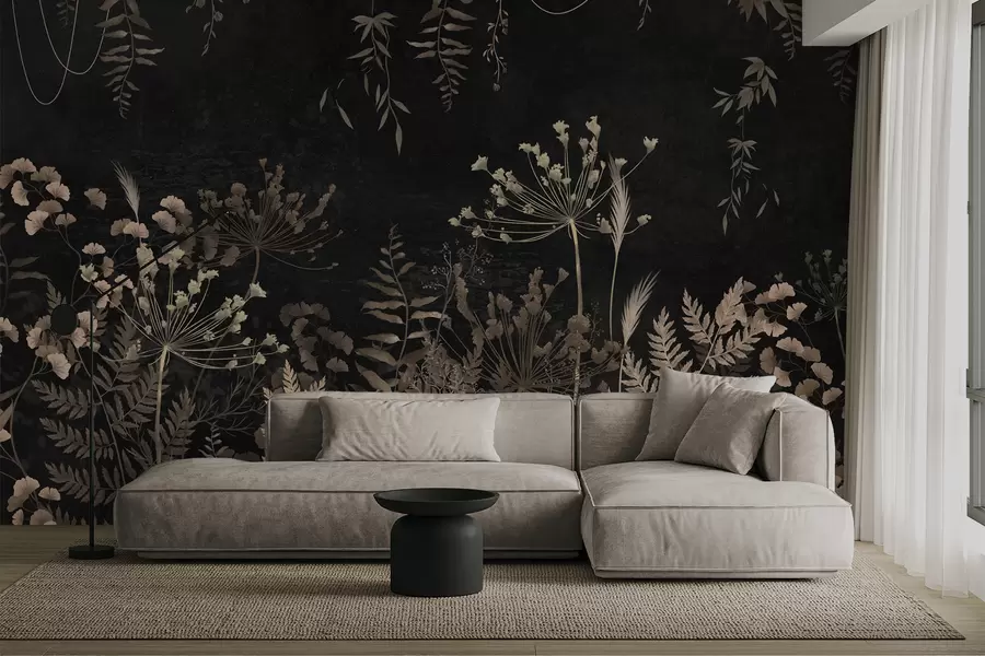 wall murals Dark botanical pattern with flowers and leaves w05092