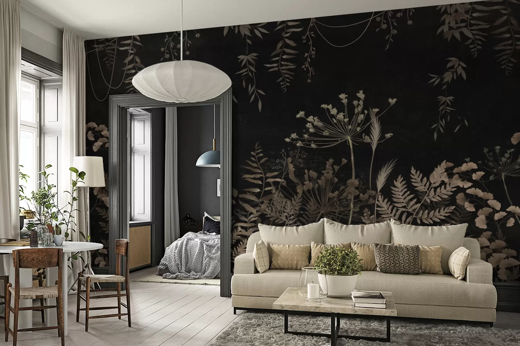 wall murals Dark botanical pattern with flowers and leaves w05092