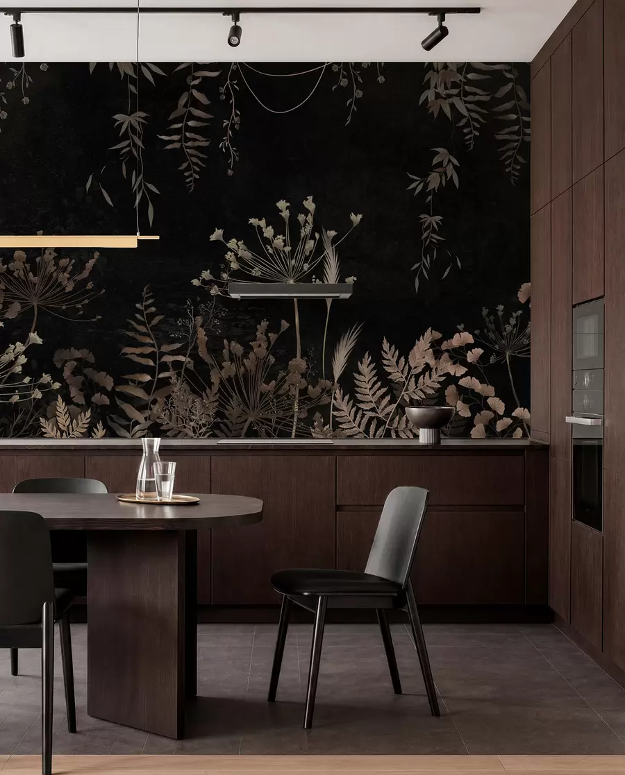 wall murals Dark botanical pattern with flowers and leaves w05092