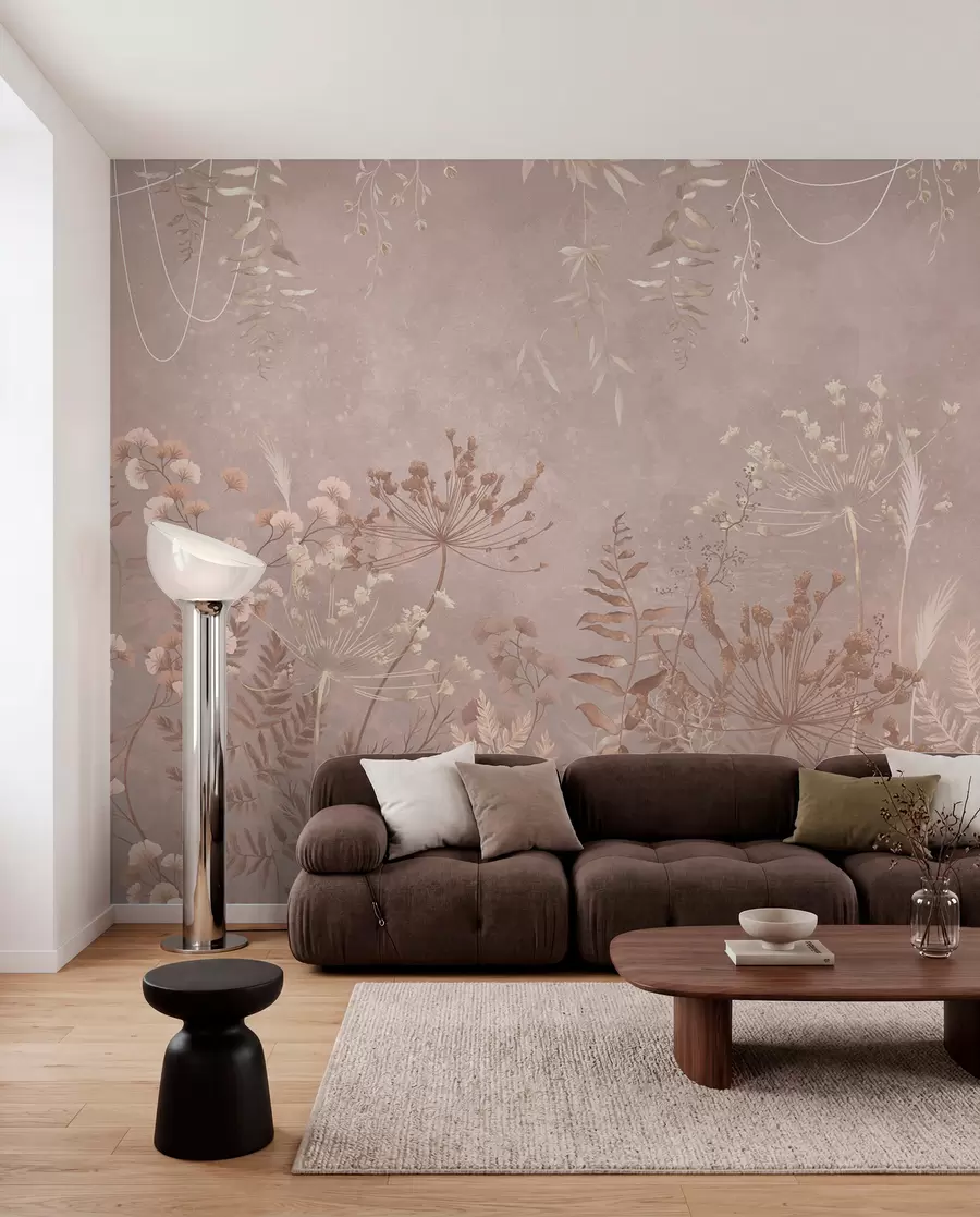 wall murals Soft beige botanical pattern with wild flowers w05092v2
