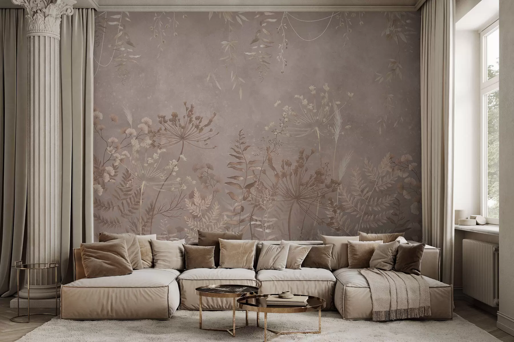 wall murals Soft beige botanical pattern with wild flowers w05092v2