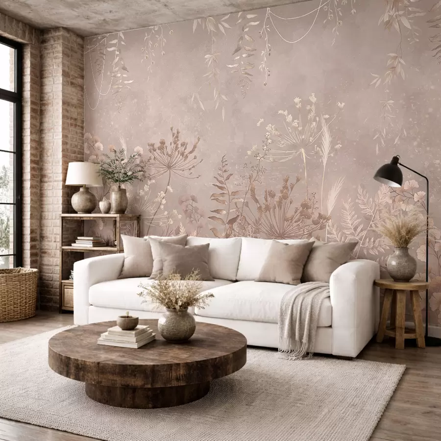 wall murals Soft beige botanical pattern with wild flowers w05092v2