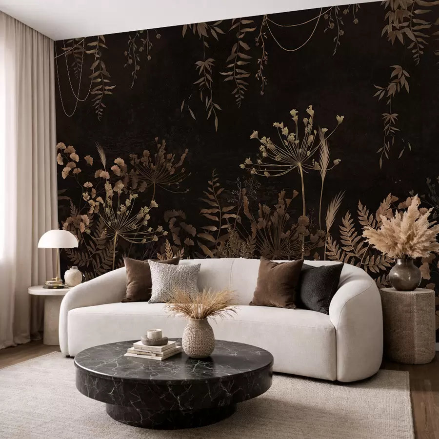 wall murals Dark botanical pattern with flowers and grasses w05092v3