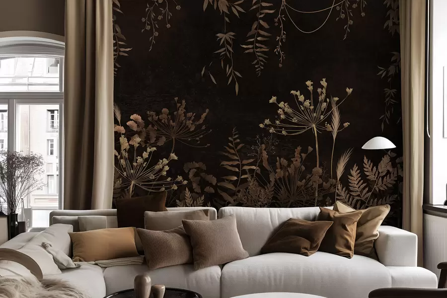 wall murals Dark botanical pattern with flowers and grasses w05092v3