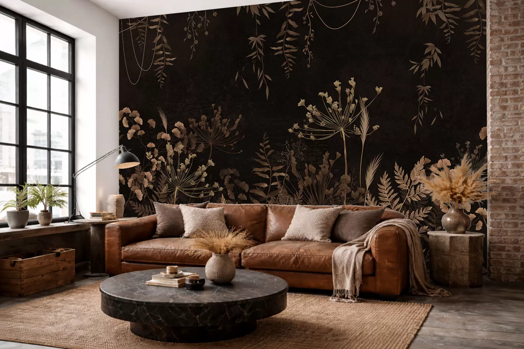 wall murals Dark botanical pattern with flowers and grasses w05092v3