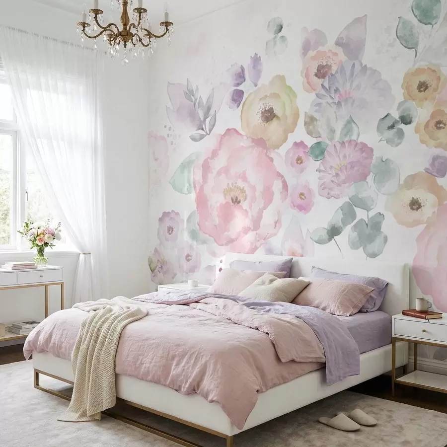 wall murals Soft watercolor composition with flowers and leaves w05093