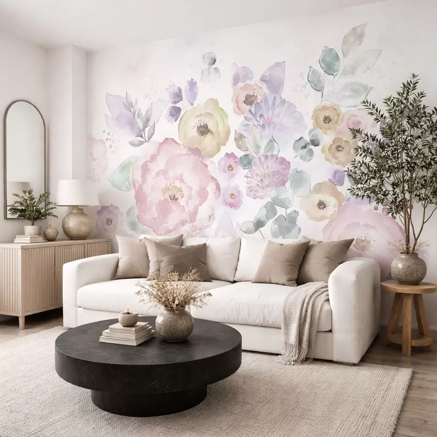 wall murals Soft watercolor composition with flowers and leaves w05093