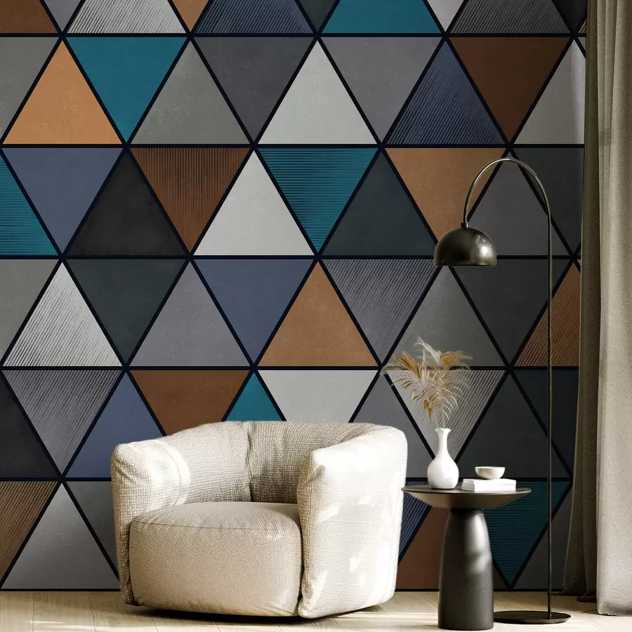 wall murals Triangular geometric pattern in blue and warm tones w05095