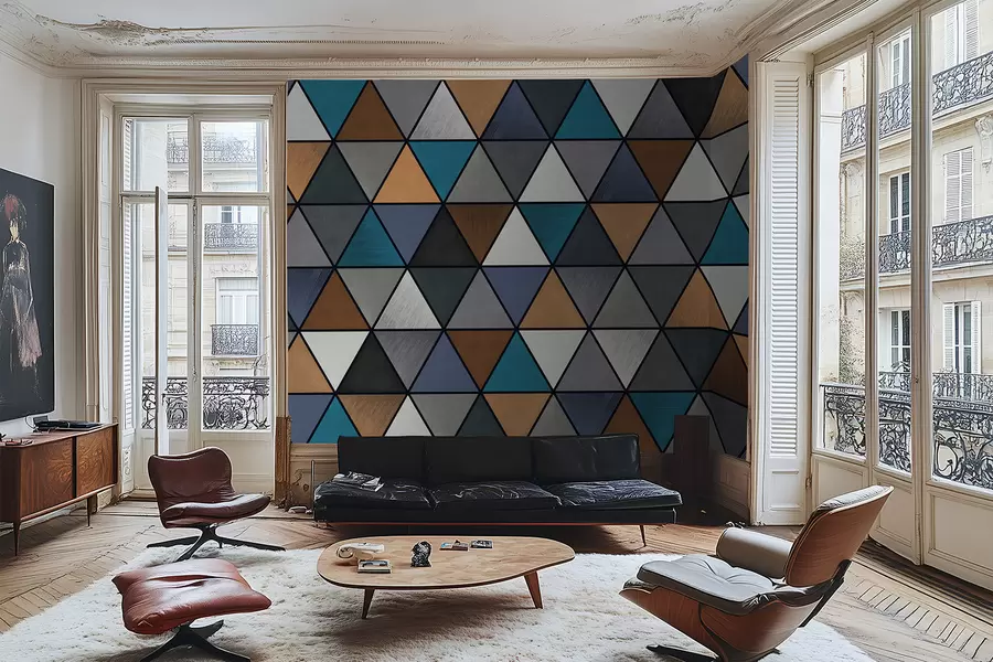 wall murals Triangular geometric pattern in blue and warm tones w05095